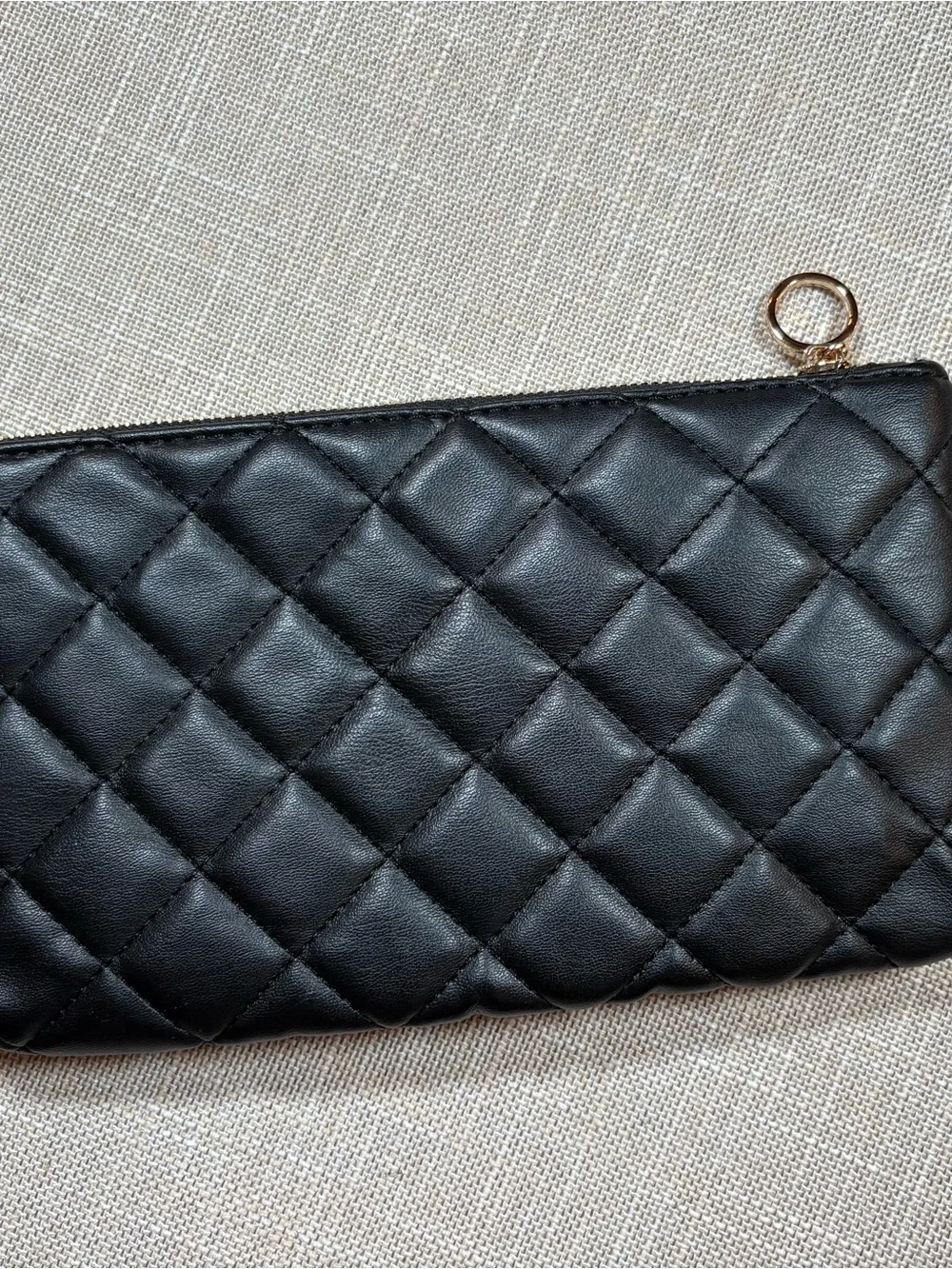 Black Quilted Leather Wristlet Clutch with Gold Ring